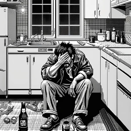 <lora:Macpaint-XL-000015:1>, Macpaint, black and white pixel image of drunk hobo crying in an 80s kitchen, pixel art, best quality, 80s, minimalist,