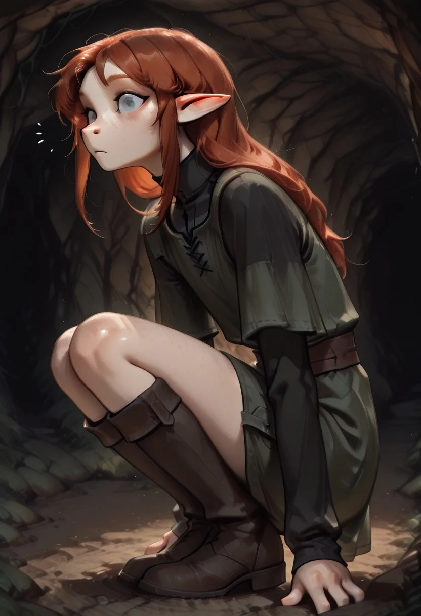 1person, Lapanya, Malgha, freckles, pointy ears, Long-sleeve black shirt, green tunic, high boots,
Close up, crouching, legs together, curious expression, side view,
Underground, organic cavern,
Masterpiece, high quality, highly detailed,
