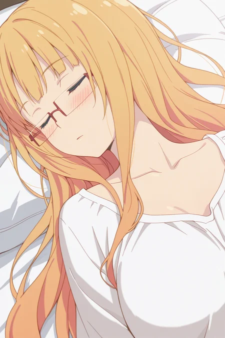 masterpiece, best quality, amazing quality,
<lora:Mitsuki_IL:1> mitsuki, 1girl, solo, glasses, closed eyes, long hair, blonde hair, sleeping, blush, collarbone,