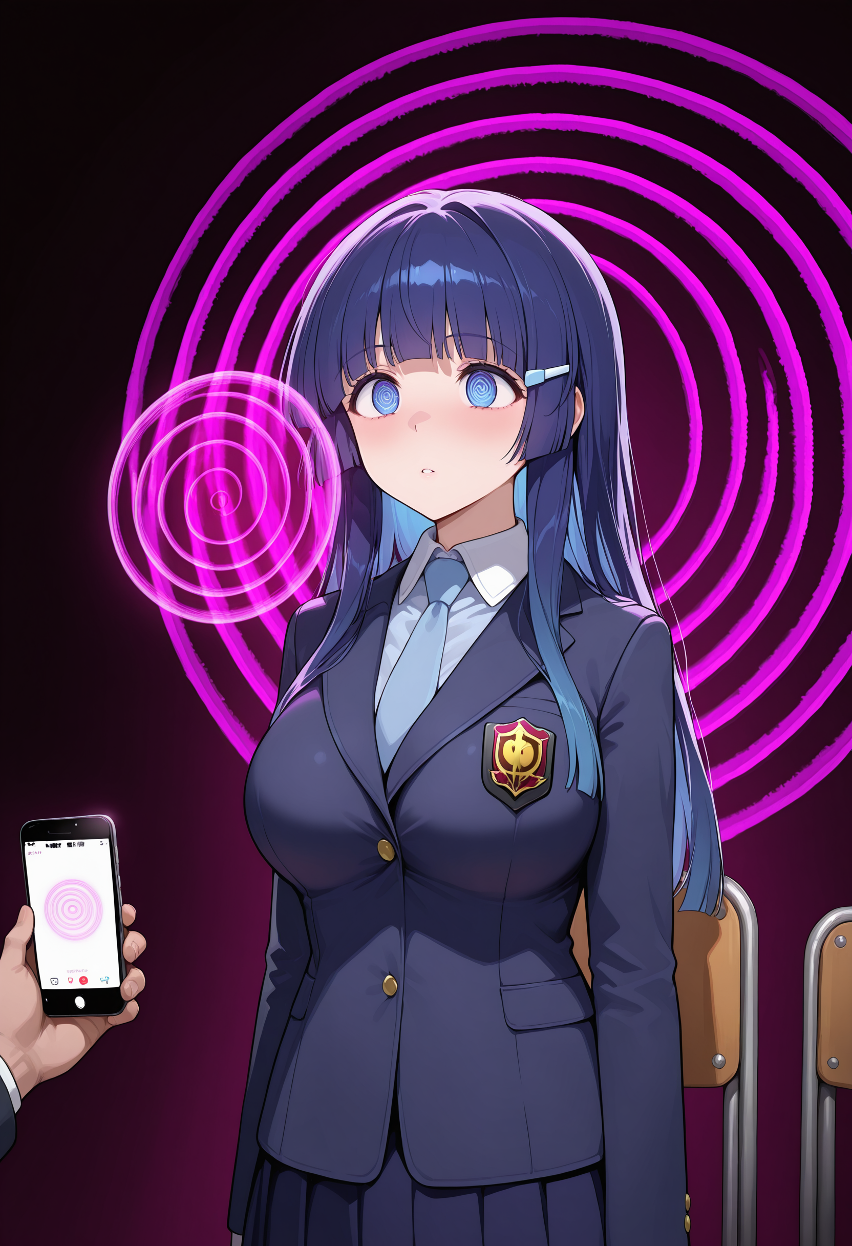 hypnosis_machine, magic, circle ,under hypnosis,in a trance,No pupil, smart phone, @_@, <lora:Hypnosis_machine:1>  
1girl,solo, standing,, chair, aoki reika, blue hair, hair ornament, blue eyes,,(large breasts:0.7),jacket, blazer,
masterpiece,best quality,amazing quality,ultra detailed, very aesthetic,absurdres,skinny,general,highres, ultra-detailed, amazing quality, newest, scenery,beautiful detailed hair, beautiful detailed eyes, beautiful detailed face, dynamic lighting, super detailed skin,sharp focus,