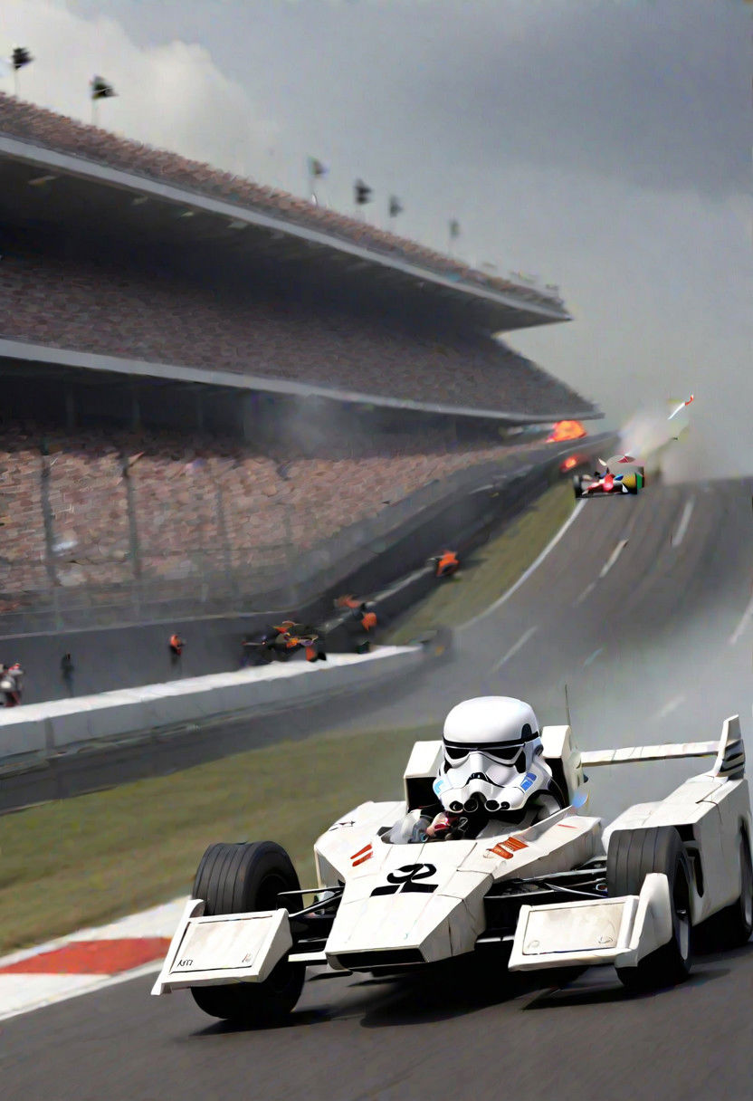 storm trooper driving a formula 1 X-wing seen from the side as it passes the onlookers