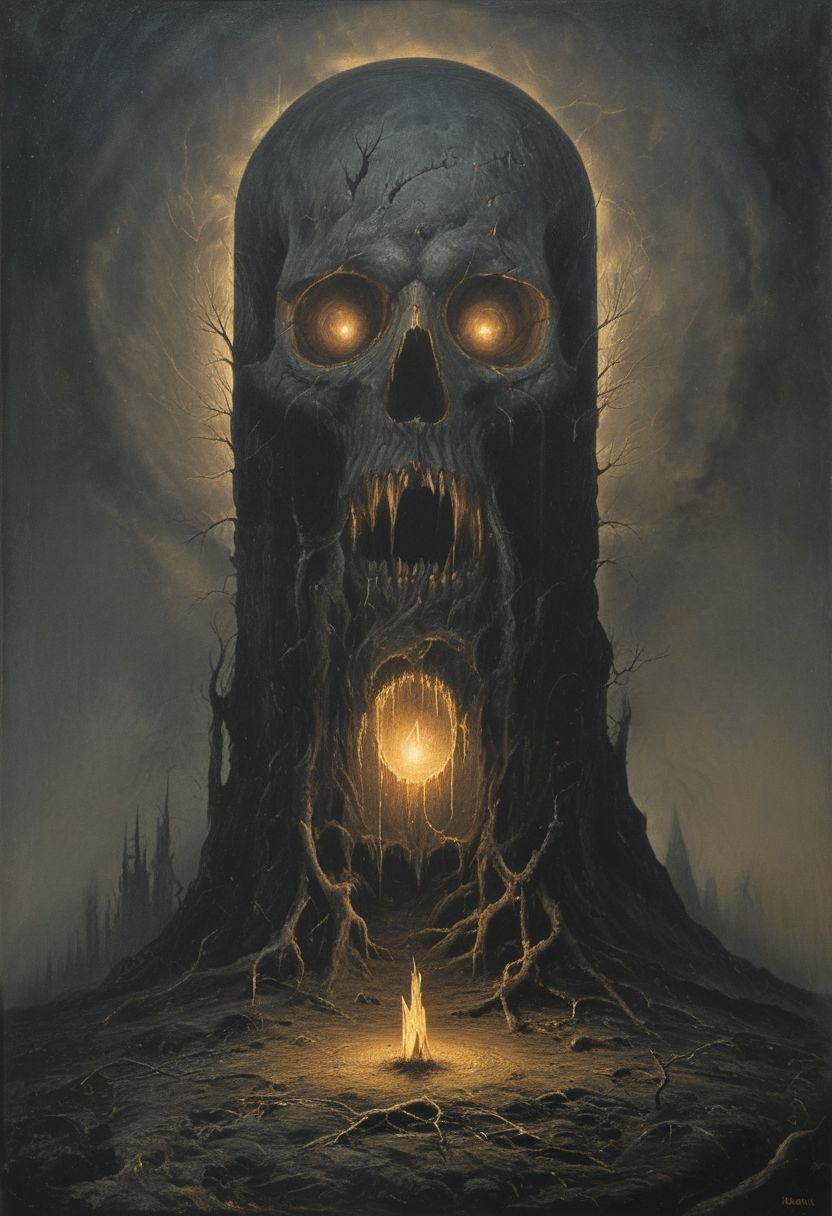 Phantom illumination, illuminated despair, glowing voids, malevolent flicker, sinister beacons