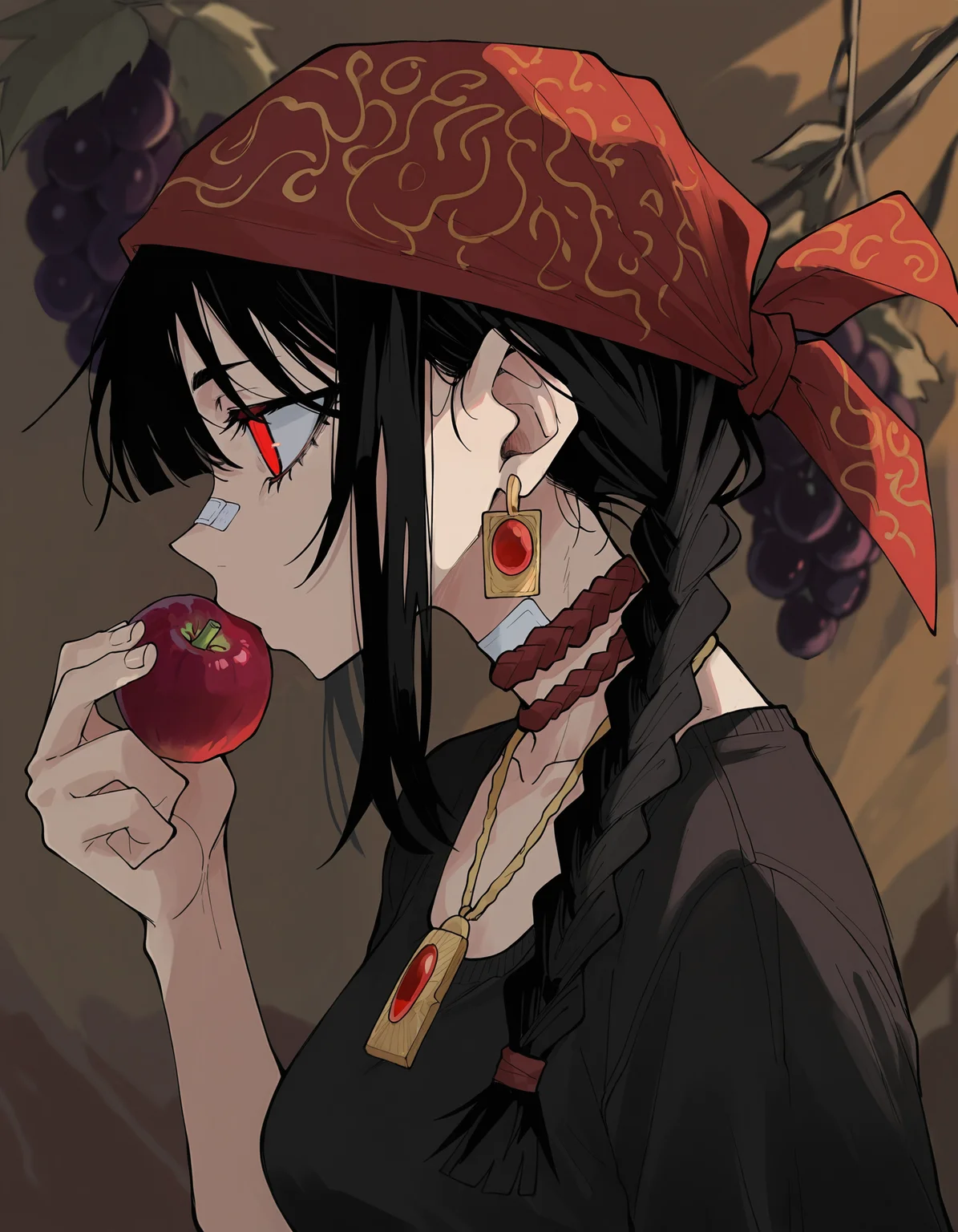 masterpiece, best quality, newest, highres, absurdres, <lora:wamiarts_style-000018:1>,wamiarts_illu,dynamic pose,jewelry, earrings, solo, fruit, food, bandaid, braid, profile, grapes, bandana, 1girl, red eyes, holding fruit, bandaid on face, holding food, black hair, holding, necklace, from side, red bandana,dark_theme,foreshortening, depth of field,abstract background,