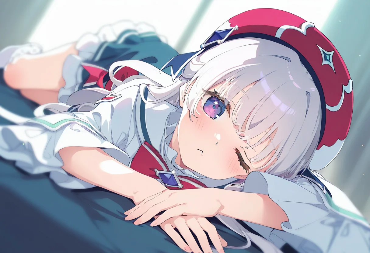 masterpiece,best quality,newest,very aesthetic,absurdres,highres,newest,year 2024,year 2023,artist:konya_karasue,artist:hoji(hooooooooji1029),michiking,artist:ningen_mame,mignon,[artist:kani_biimu],artist:ogipote,artist:sy4,noyu_(noyu23386566),
<lora:hikari_origin:1>,hikari \(arcaea\),1girl,long hair,white hair,red bow,bow,bowtie,grey eyes,boots,frills,red bowtie,frilled skirt,bangs,red headwear,
on stomach,lazy eye, lazy, sleepy, closed eyes, ;<,