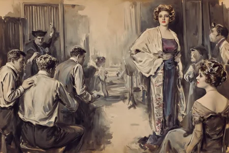 howardchandlerchristy1 illustration.
An early 20th-century film set. A glamorous actress stands confidently in a spotlight on the right side of the scene, dressed in an elegant gown with a shawl draped over her shoulders. On the left side, a group of men, their backs to the viewer, including a cameraman and director, are preparing equipment and giving directions. One woman, her back to the viewer, with an elaborate hairstyle sits in the foreground, looking to the right. The setting is richly detailed with studio lights and period clothing.
<lora:howardchandlerchristy1_d8a4e11:1.0><lora:865843448048015803:0>