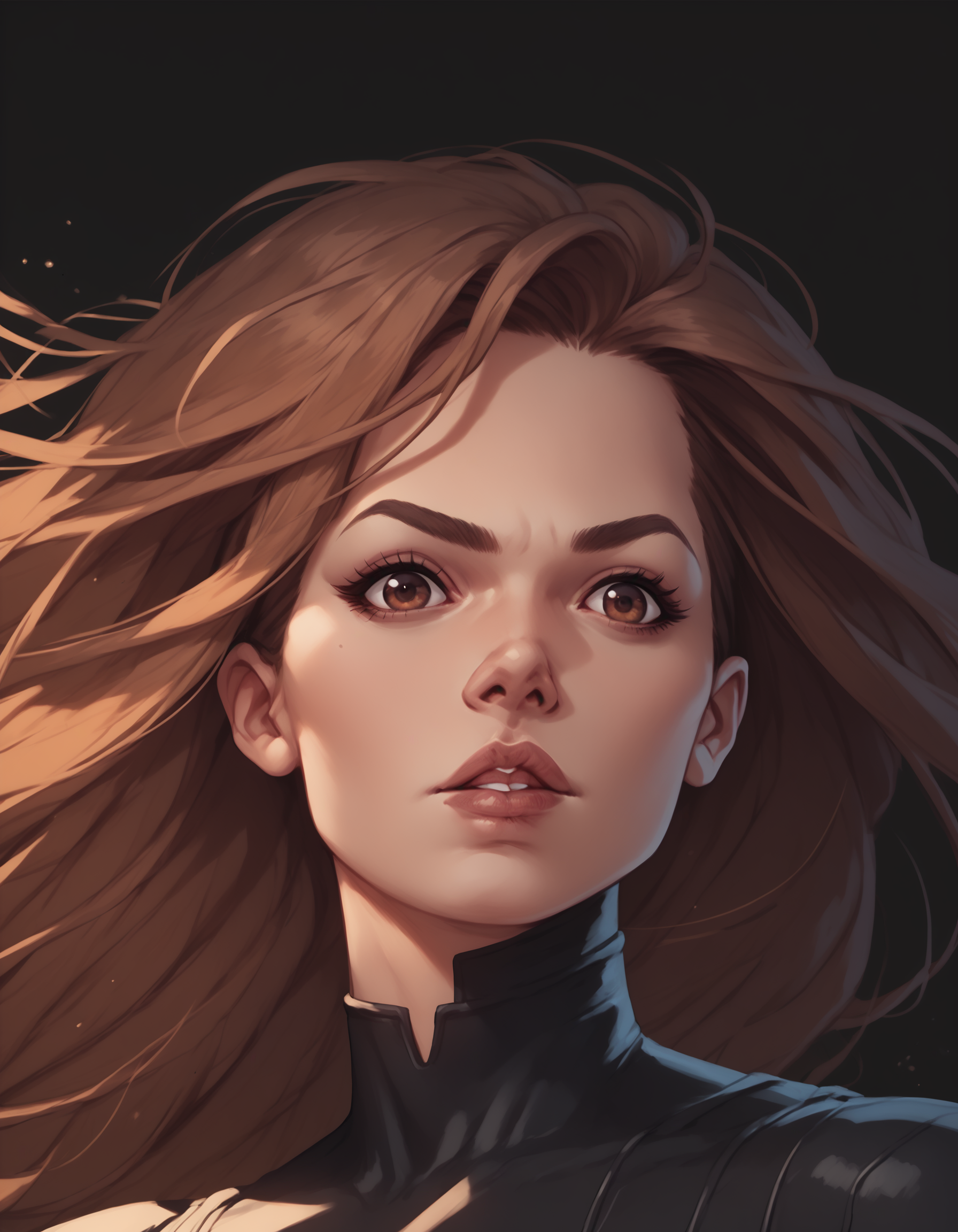 score_9, score_8_up, score_7_up, score_6_up, Comistyle, 1girl, black background, bodysuit, brown eyes, brown hair, floating hair, lips, long hair, parted lips, portrait, solo,  <lora:ComicsPonyXL_V2:1>