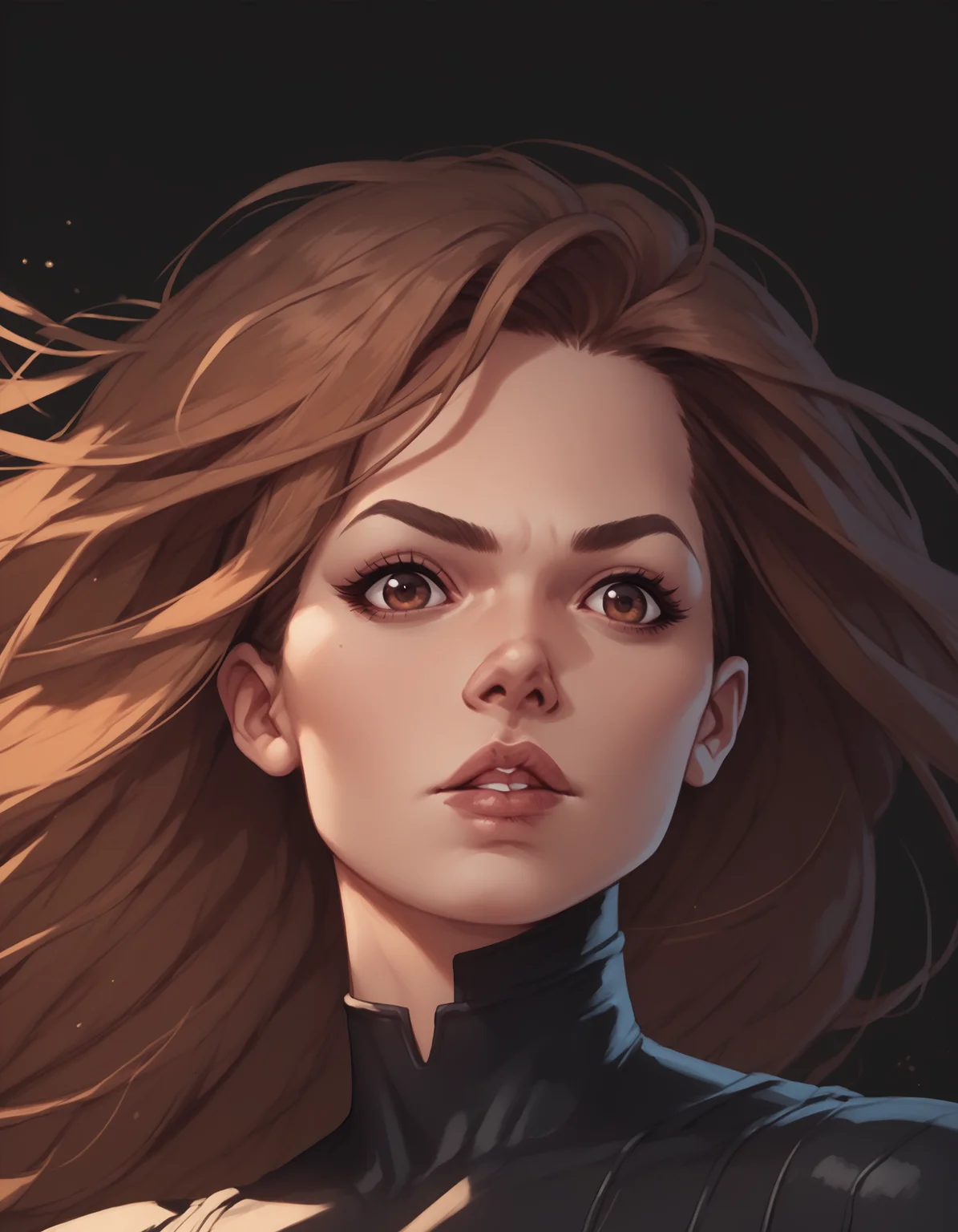 score_9, score_8_up, score_7_up, score_6_up, Comistyle, 1girl, black background, bodysuit, brown eyes, brown hair, floating hair, lips, long hair, parted lips, portrait, solo,  <lora:ComicsPonyXL_V2:1>