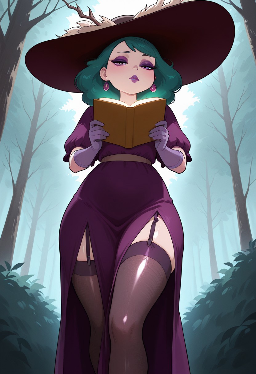 masterpiece, best quality, newest, absurdres, highres,  amazing quality, 4k, good lighting,  high resolution,  dynamic angle, foreshortening, eyes half closed, glossy skin, forest, holding book, closed lips, 1girl, solo
green hair, purple eyes, makeup ,long purple dress, long hair, pantyhose, stockings, purple lipstick, elbow gloves, purple gloves, jewelry,  hat, hat feather, garter straps, black footwear, eyeshadow, medium hair, eclipsaILL
pantyhose, textured pantyhose, high detail texture,finefabricILL, fine fabric,