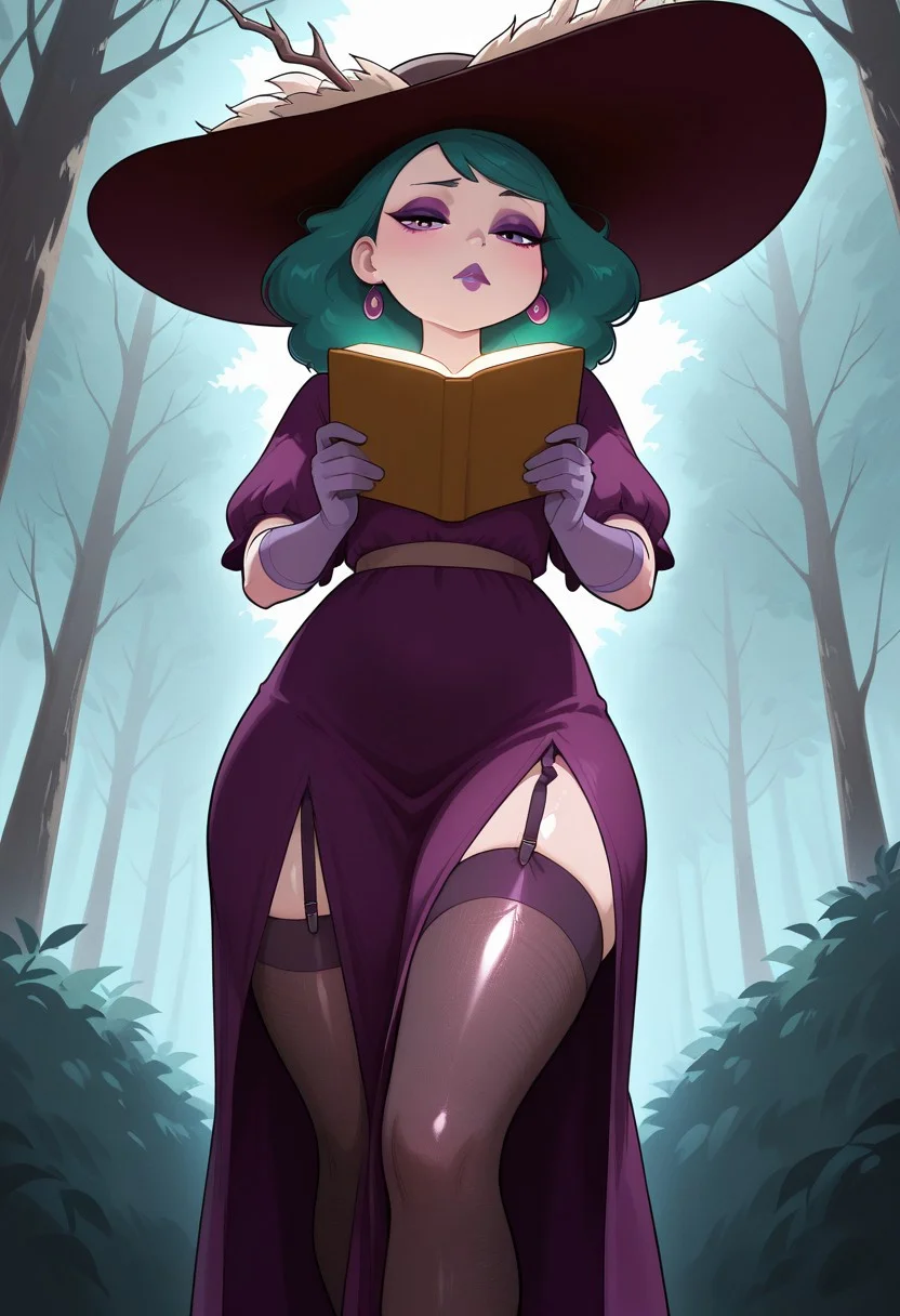 masterpiece, best quality, newest, absurdres, highres, amazing quality, 4k, good lighting, high resolution, dynamic angle, foreshortening, eyes half closed, glossy skin, forest, holding book, closed lips, 1girl, solo
green hair, purple eyes, makeup ,long purple dress, long hair, pantyhose, stockings, purple lipstick, elbow gloves, purple gloves, jewelry, hat, hat feather, garter straps, black footwear, eyeshadow, medium hair, eclipsaILL
pantyhose, textured pantyhose, high detail texture,finefabricILL, fine fabric,