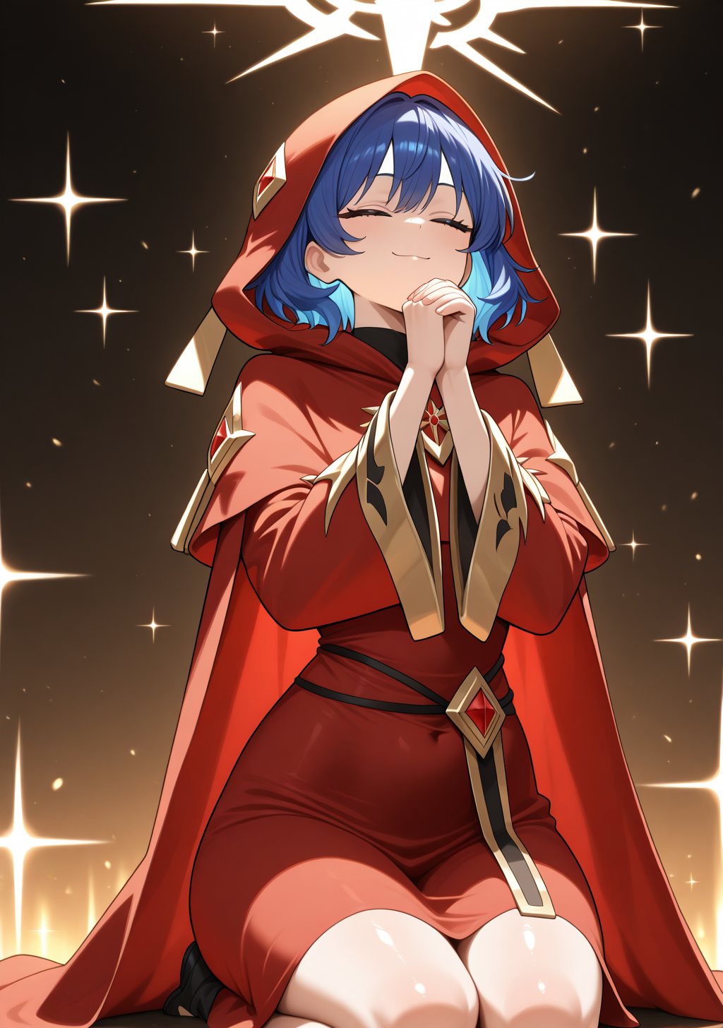 masterpiece, best quality, absurdres, perfect lighting,shiny skin,<lora:StS-Illustrious-Detail-Slider-v1.0:3>,<lora:illustrious_noobai_epsilon_pred_1_best_quality_v1:1>,<lora:Lo, the Prayers of the Voiceless Voice:0.9>,1girl,Lo_chan,blue eyes, blue hair,short hair,hood,wide sleeves, red dress, long sleeves, cloak,happy aura, closed eyes, praying,solo,simple background, sparkle background,