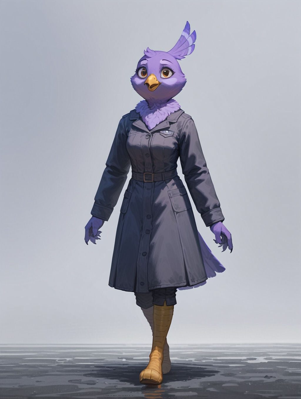 score_9, score_8_up, score_7_up, furry_female, melissa morgan, avian, solo, detailed_eyes, purple feathers, cinematic, dutch angle, walking away, mobile_wallpaper, abstract background, <lora:Melissa_Morgan:0.7>