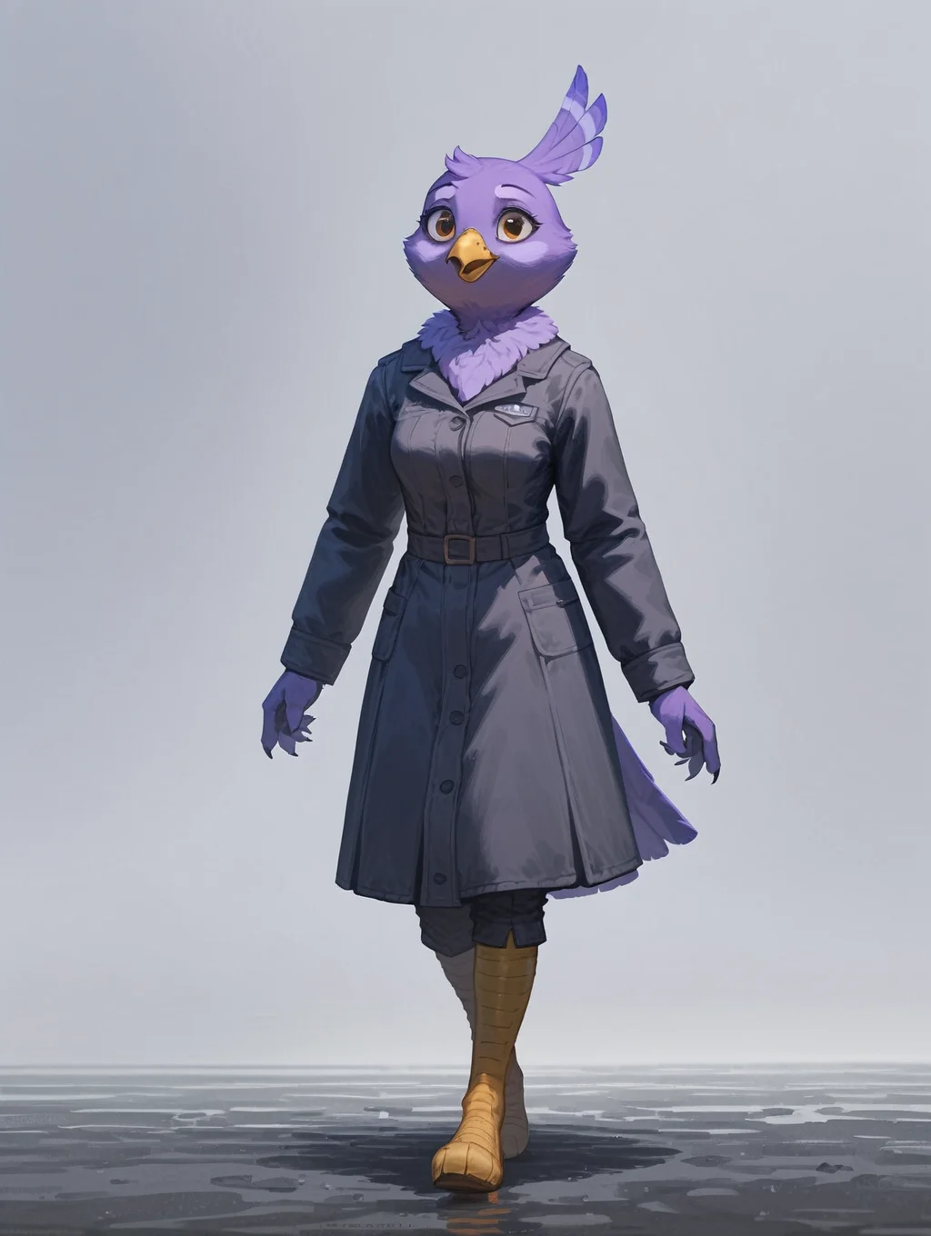 score_9, score_8_up, score_7_up, furry_female, melissa morgan, avian, solo, detailed_eyes, purple feathers, cinematic, dutch angle, walking away, mobile_wallpaper, abstract background, <lora:Melissa_Morgan:0.7>