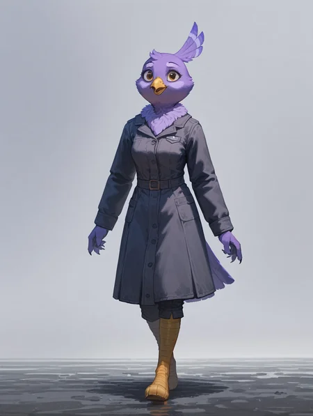 score_9, score_8_up, score_7_up, furry_female, melissa morgan, avian, solo, detailed_eyes, purple feathers, cinematic, dutch angle, walking away, mobile_wallpaper, abstract background, <lora:Melissa_Morgan:0.7>