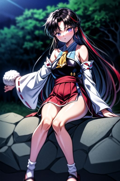 masterpiece,  best quality 1girl Setsun4 solo long hair,  (night time) forest background black hair very long hair purple eyes multicolored hair armor (fur trim) (medium body),<lora:EMS-179-EMS:0.800000>,<lora:EMS-293862-EMS:0.800000>ascot, bare shoulders, black footwear, detached sleeves, embellished costume, frills, japanese clothes, nontraditional miko, red skirt, sandals, sarashi, skirt, socks, white sleeves, white socks, wide sleeves, yellow ascot, zouri, armor, miko
