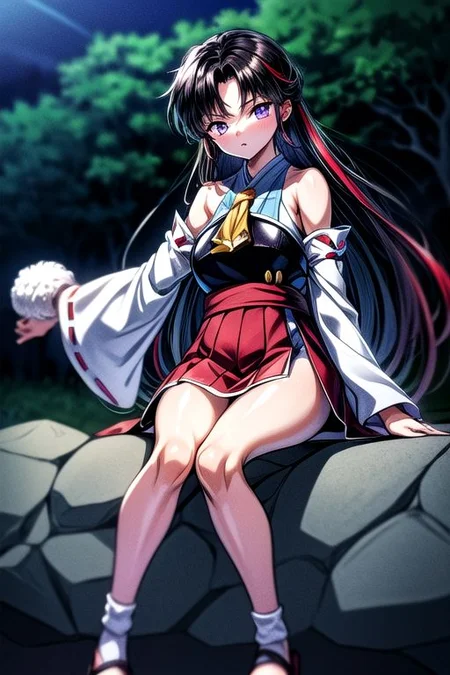 masterpiece, best quality 1girl Setsun4 solo long hair, (night time) forest background black hair very long hair purple eyes multicolored hair armor (fur trim) (medium body),<lora:EMS-179-EMS:0.800000>,<lora:EMS-293862-EMS:0.800000>ascot, bare shoulders, black footwear, detached sleeves, embellished costume, frills, japanese clothes, nontraditional miko, red skirt, sandals, sarashi, skirt, socks, white sleeves, white socks, wide sleeves, yellow ascot, zouri, armor, miko