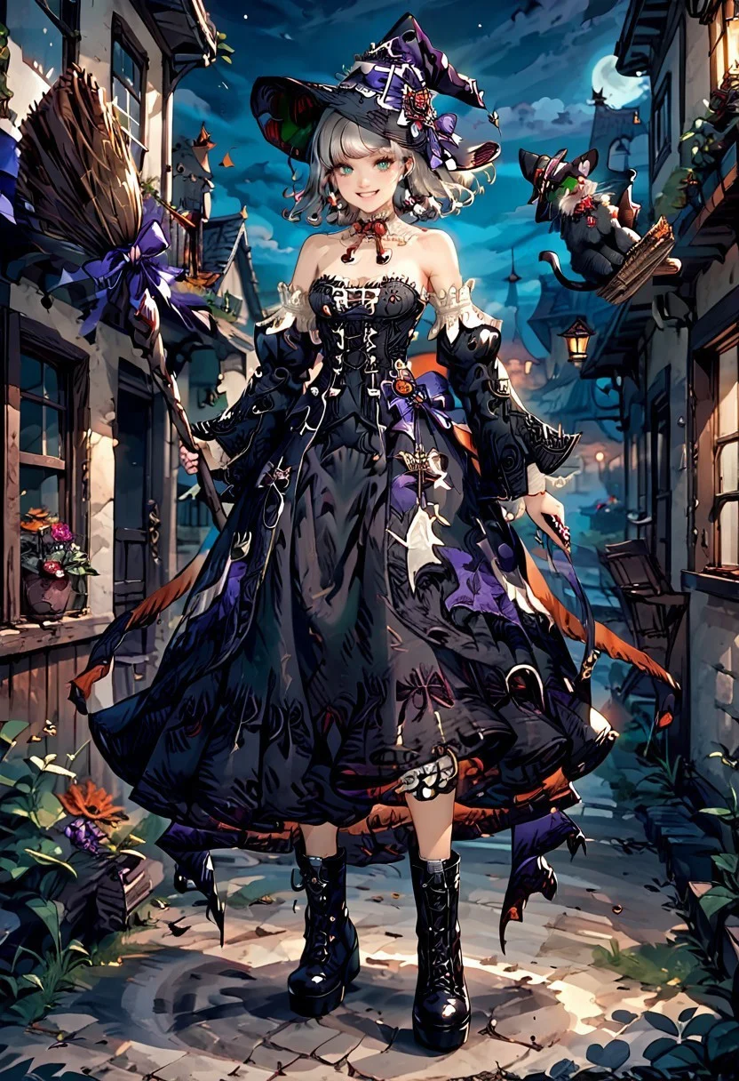 score_9, score_8_up, score_7_up,masterpiece,source_anime,perfect face,high quality,perfect eyes, highly detailed,masterpiece,1girl, broom, witch hat, hat, cat, tail, boots, animal ears, detached sleeves, black footwear, black cat, witchalaya, witch_dress, outside,smile, floating,levitating, night, ribbon