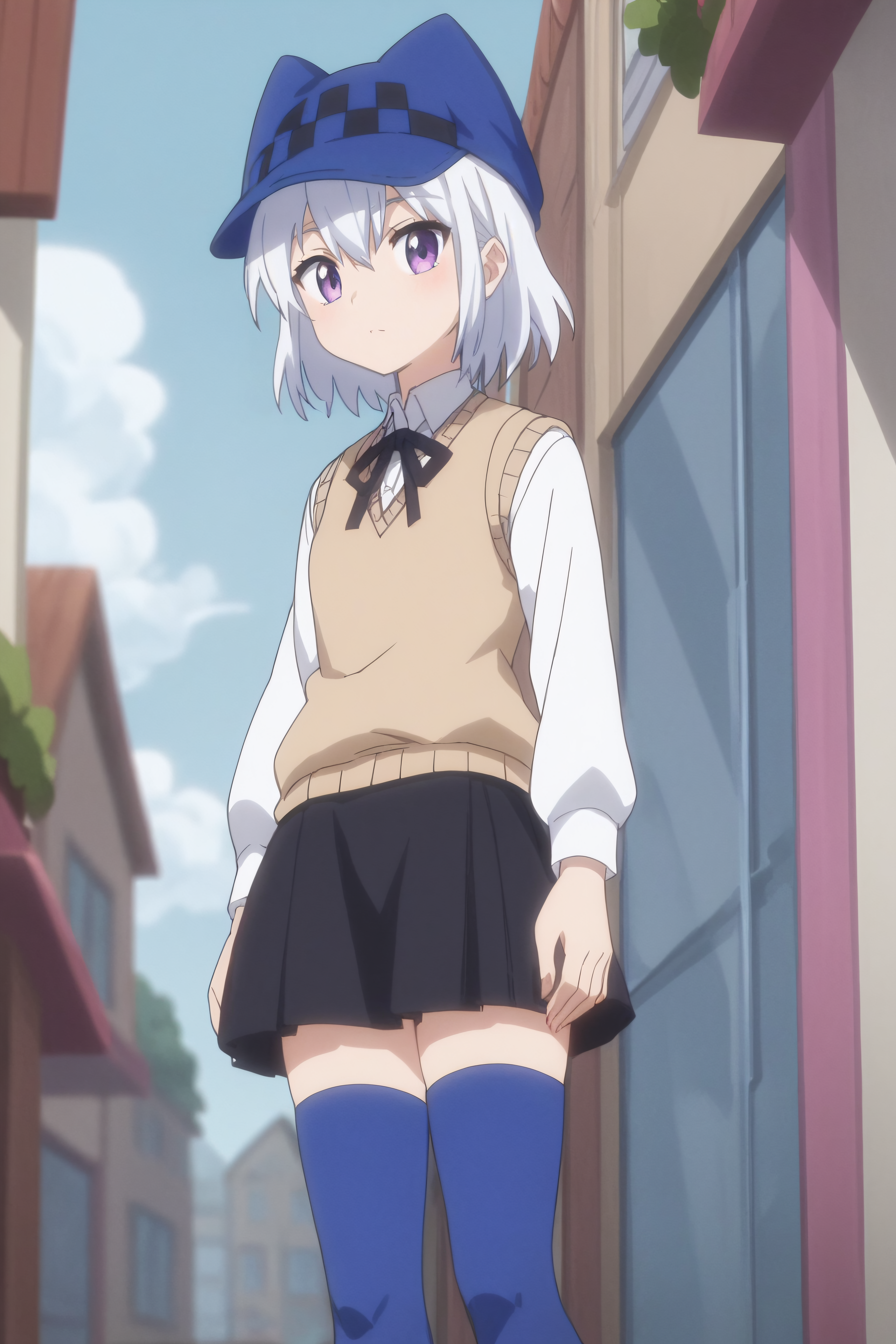 score_9, score_8_up, score_7_up, source_anime, <lora:Athena-PonyXL-lora-Faxtron:0.8> athena, purple eyes, white hair, short hair, hat with ears, beige sweater vest, white shirt, black neck ribbon, long sleeves, black skirt, blue thighhighs, standing, anime screencap,