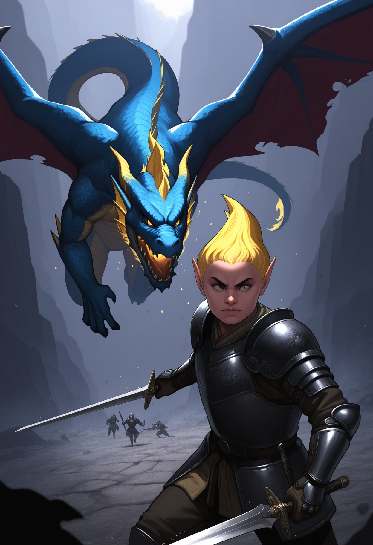 masterpiece, best quality, amazing quality, <lora:adoringFan_illustrious_byJaneB:1>,  byazura, armor, fighting a dragon, holding sword,  combat, fight, battle, 1boy,