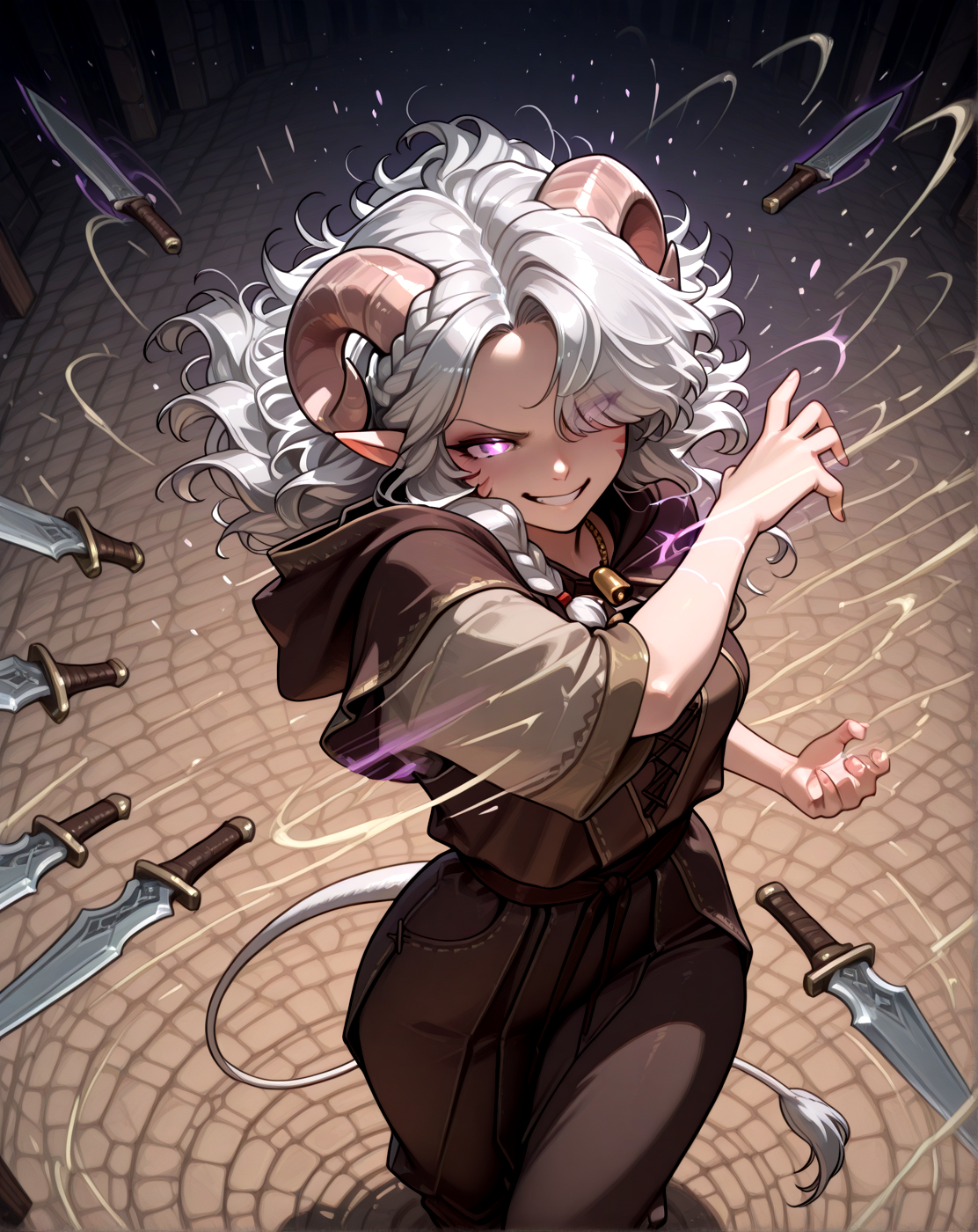 <lora:daggerCloud:1.8>dagger_cloud_(magic), solo, floating dagger,   magic dagger,  dynamic pose, many dagger,   magic, glowing,  spinning dagger, cowboy shot, glowing eyes:0.2 , grin , falling , from above  
dungeon ,, masterpiece, best quality,  tiefling, pointy ears, tiefling, silver hair, ivory sheep horn,
<lora:Tiefling_bard_Diana_v2:0.9> red whisker_markings, silver long wavy hair, bell necklace, short pointy ears, purple eyes, tiefling_bard_diana:1.2,   hair over one eye, braid,  
cow tail:1.4,