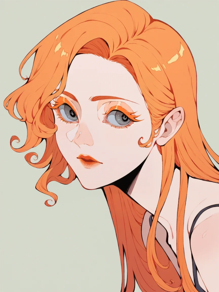 score_9, score_8_up, score_7_up, score_6_up, score_5_up, <lora:y4sh1r0XLP:1> y4sh1r0, 1girl, long hair, orange hair, orange eyelashes, grey eyes,