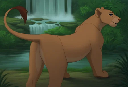 score_9, score_8_up, score_7_up, by reallynxgirl,  BREAK,Solo, Nala, Lioness, smiling, blue eyes, (seductive pose:1.2), (raised tail:1.6), lake, waterfall background, detailed background, (rear view:1.5), (seductive face), (teasing), (looking at viewer)