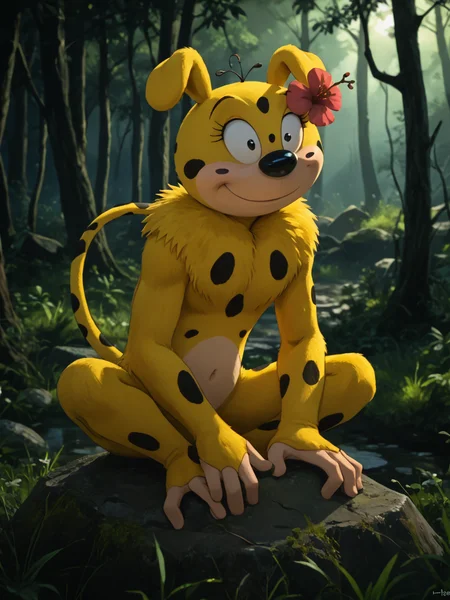 score_9, score_8_up, score_7_up, score_6_up, BREAK, M4rsupi4amie, 1girl, solo, black eyes, tail, hair flower, yellow fur, forest, ruins, overgrown, nature, grass, sitting on a rock, smile, looking at viewer, fog, Volumetric Lighting <lora:Marsupilamie:0.8> <lora:David_style:1> Poststyl,