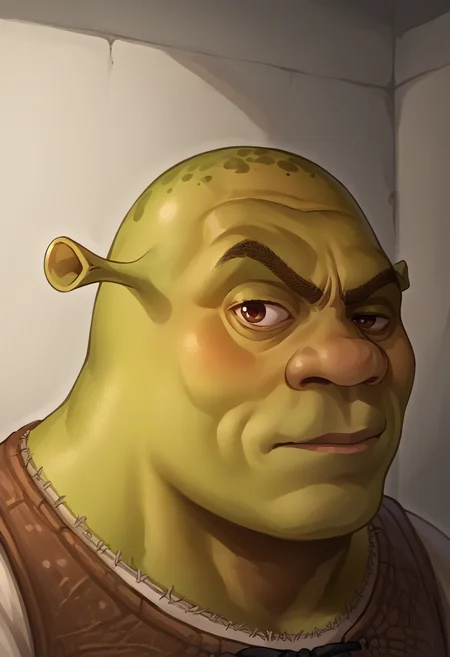 score_9, score_8_up, source_anime, 1boy, rockseyebrowraise, <lora:RocksEyebrowRaise_XLPD:1>, upper body, raised eyebrow, thick eyebrows, <lora:Shrek_XLPD:1>, shrek, green skin,