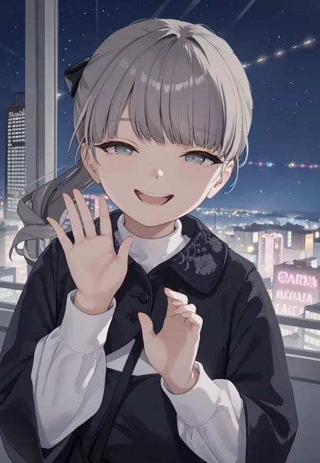 LapwingVRC, bangs, long hair, ponytail, white shirt, long sleeves, grey hair, black jacket, grey eyes, hair ribbon, black dress, collared shirt,
looking at viewer, head tilt, smile, open mouth, half-closed eyes, hands up, waving,
window, cityscape, neon lights, billboard, dark, night, night sky,
1girl, solo, solo focus, highres, absurdres, light particles, backlighting, shade, lens flare, shiny skin, fine fabric emphasis,