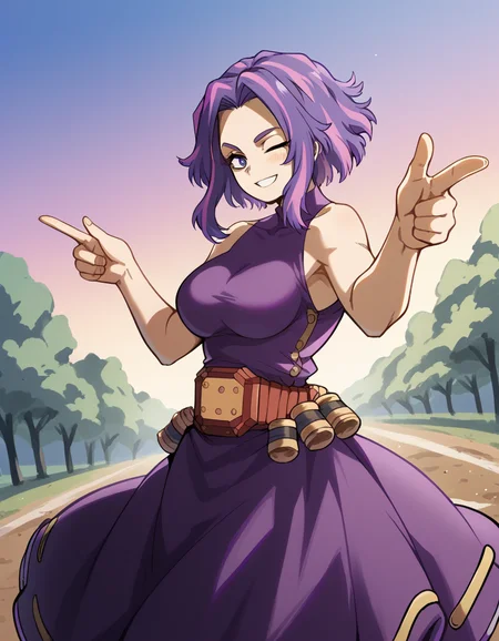 score_9, score_8_up, score_7_up, source_anime, <lora:kaina-tsutsumi-s5-ponyxl-lora-nochekaiser:1>, kaina tsutsumi, purple hair, pink hair, streaked hair, purple eyes, short hair, parted bangs, large breasts,, dress, purple dress, sleeveless, bare shoulders, skirt, purple skirt, belt,, bike ride, countryside, dirt road, trees, afternoon sun, peaceful, alone, smile, <lora:double-finger-gun-ponyxl-lora-nochekaiser:1>, double finger gun,, blush, smile, one eye closed, from side, looking at viewer, solo,, dutch angle, cowboy shot