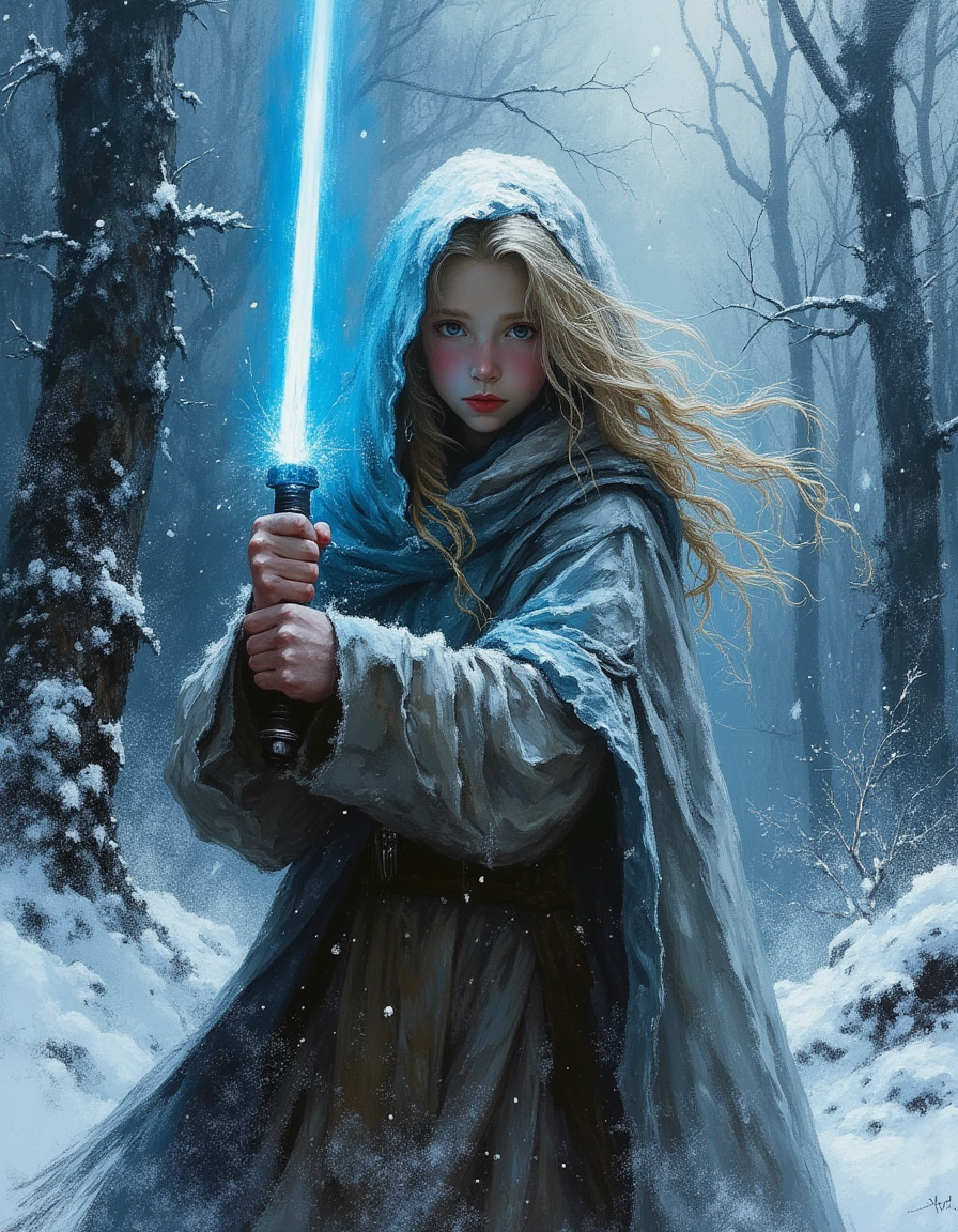 masterpiece, high quality, Oil Painting, a close up portrait of a young teen girl Jedi knight stands confidently in the middle of a dense, snow-covered forest. The falling snow swirls fiercely in the midst of a raging snowstorm, creating an otherworldly and dramatic atmosphere. The Jedi wields a glowing blue lightsaber, its light cutting sharply through the storm's haze, illuminating their focused expression and the surrounding flurry. She is wearing a tattered Jedi cloak that billows in the wind, blending into the stark contrast of the white snow and the dark silhouettes of towering, frost-covered trees. Her face is a pale, almost translucent white, and colorless except for her lips which are painted a vivid red. Her long blond hair flows in the wind. Her body is skinny and petite. The painting shows shadow and light, Masterpiece, intricate lines, skinny and petite body, focus on the girl, shadow and light, Masterpiece, intricate lines, intriguing atmosphere, sharp magnificent details, delicate features, elaborate details, (2\3 rule composition:0.5), ultra detailed, romantic, focus on the girl, The painting shows shadow and light, Masterpiece, intricate lines, skinny and petite body, intriguing atmosphere, sharp magnificent details, delicate features, elaborate details, (2/3 rule composition:0.5), ultra detailed, romantic, Rembrandt lighting, brush stroke, lovely, del1cate_balance style, novuschroma, in the style of Rembrandt. vantablack <lora:style_of_Rembrandt_FLUX_135:.8> <lora:- Flux1 - vanta_black_V2.0:.8> <lora:Delicate_Balance:.3> <lora:neeeg_f1:-1> <lora:113_novuschromaFLX_1:.2>