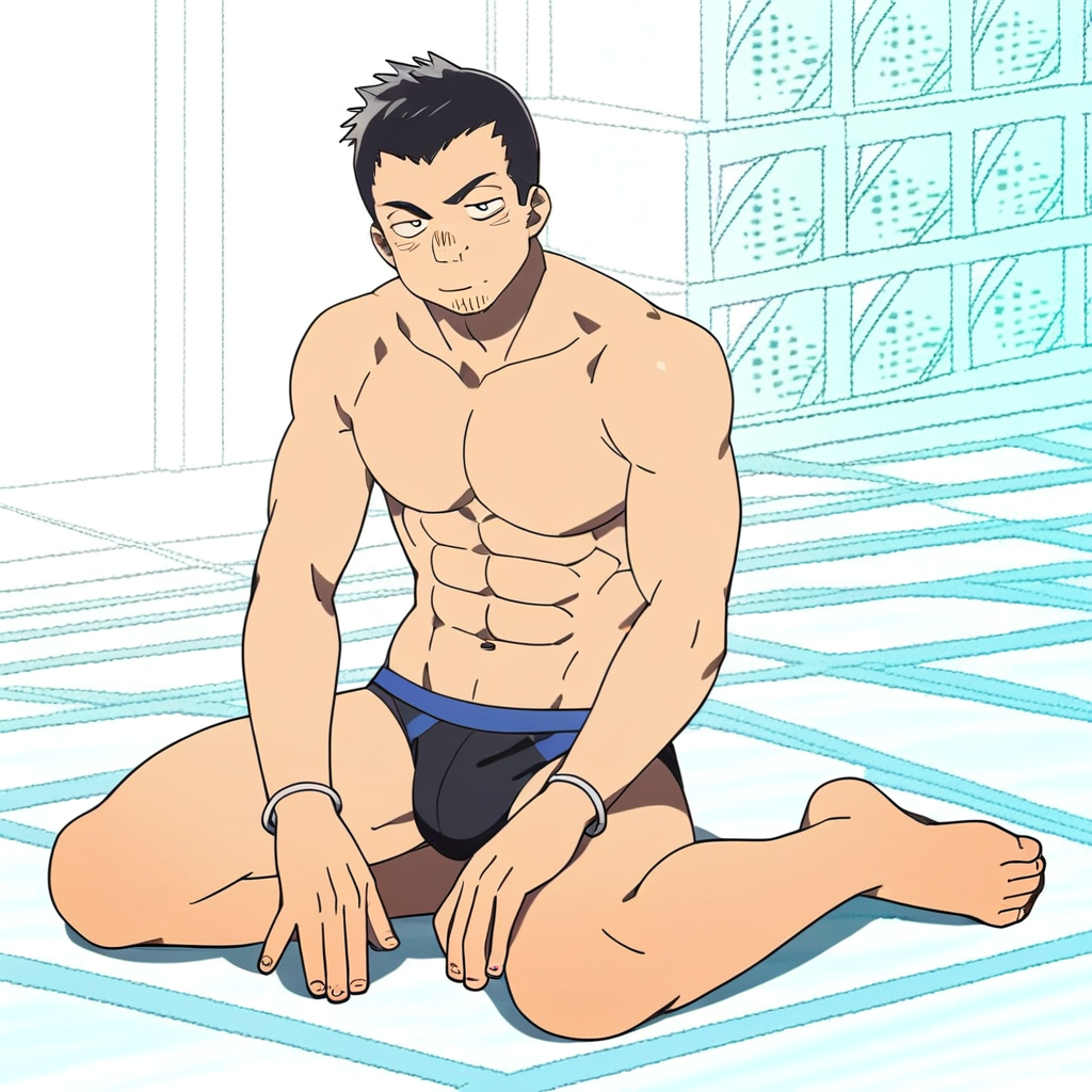 Kibe Yoshiaki, 1boy, male focus, solo, stubble, black hair, facial hair, swimsuit, male swimwear, abs, bracelet, speedo, topless male,  score_9, score_8_up, score_7_up, score_6_up <lora:vinceteaa_020_04v2-step00000400r:1> good face, good eyes, looking at viewer, full body,
