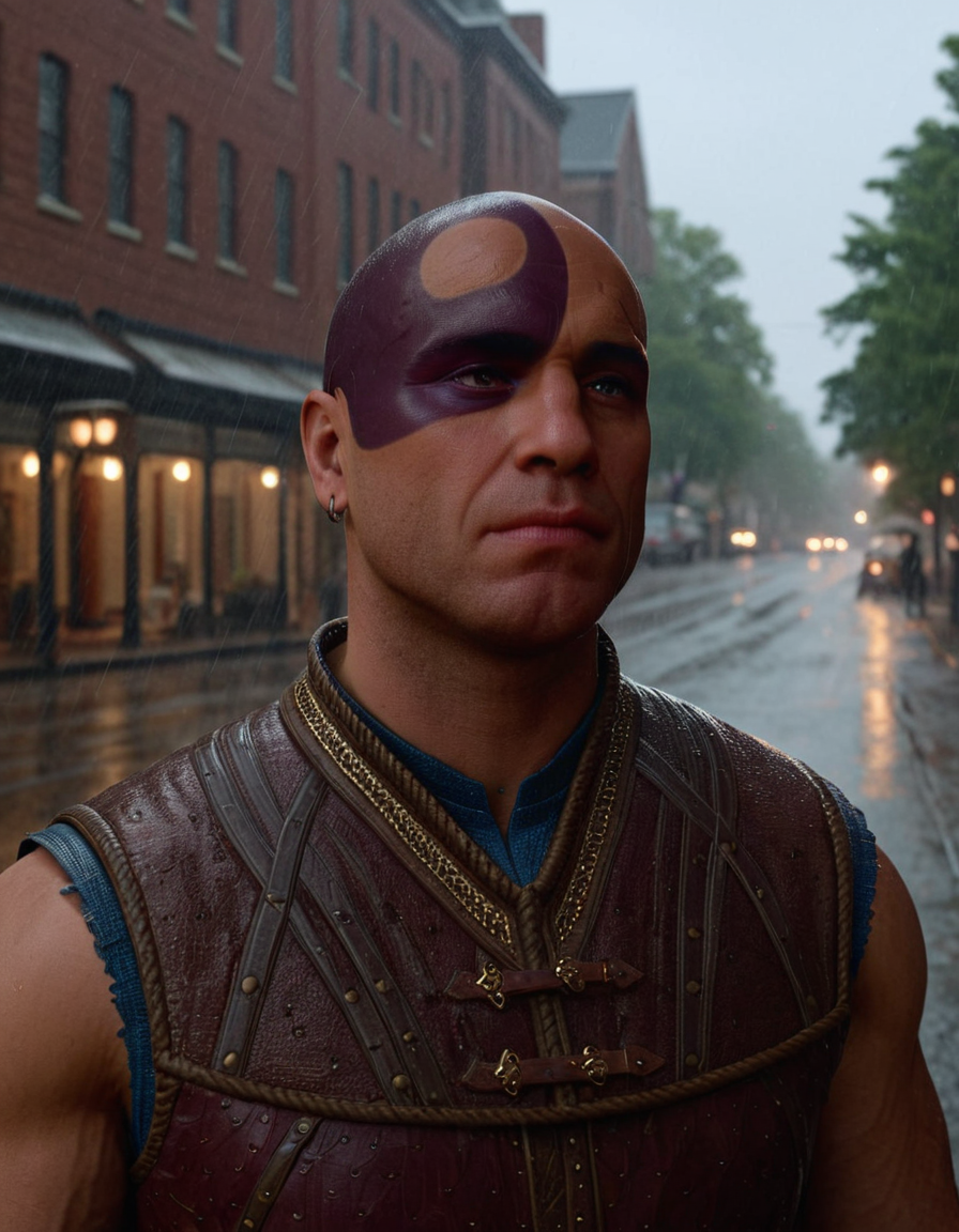 cinematic still 1man, solo, bald, town, rain . emotional, harmonious, vignette, 4k epic detailed, shot on kodak, 35mm photo, sharp focus, high budget, cinemascope, moody, epic, gorgeous, film grain, grainy, 1man, solo, bald, town, rain, dramatic, cinematic, artistic, very detailed, stunning, gorgeous, intricate detail, rich colors, amazing, symmetry, perfect, coherent, cute, creative, positive, unique, appealing, attractive, confident, beautiful, hopeful, best, pure, light color, neat, clear, fashionable, pretty, inspired, bright