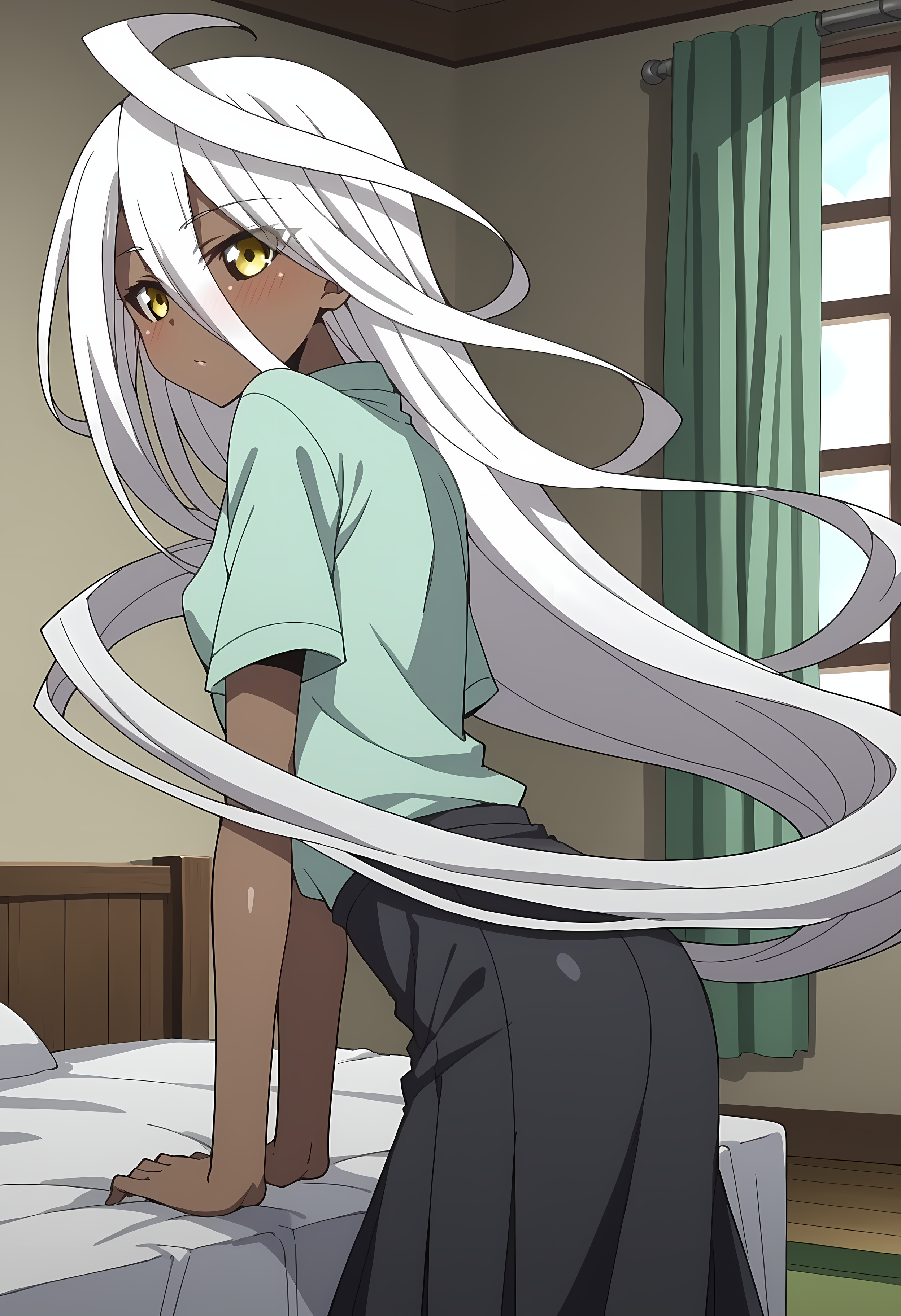 score_9, score_8_up, score_7_up, source_anime, 2d, Doppel, 1girl, white hair, very long hair, brown skin, black-yellow eyes, small breasts, anime coloring, anime screencap, detailed eyes, zPDXL, perfect faces, uncensored, rating_explicit, <lora:doppel_0-000040:0.8>, green long shirt, black skirt, bedroom, from side, looking back,