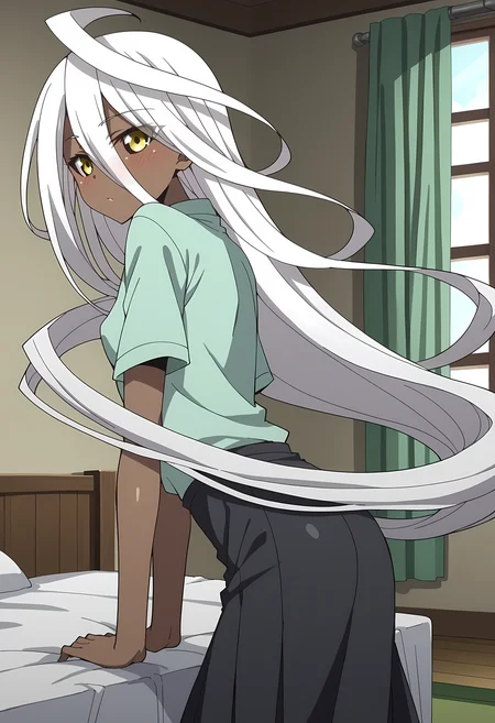score_9, score_8_up, score_7_up, source_anime, 2d, Doppel, 1girl, white hair, very long hair, brown skin, black-yellow eyes, small breasts, anime coloring, anime screencap, detailed eyes, zPDXL, perfect faces, uncensored, rating_explicit, <lora:doppel_0-000040:0.8>, green long shirt, black skirt, bedroom, from side, looking back,