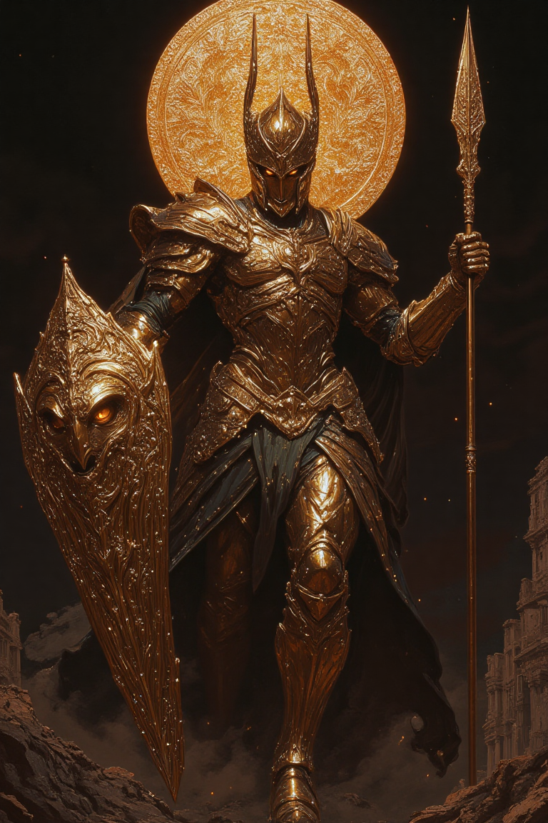This is a hyper-realistic digital oil painting in HD, 8K quality, ultra-detailed, masterpiece artwork. A fierce, godlike woman radiates an intense celestial aura, standing in a dynamic Athena-inspired warrior pose, exuding divine wisdom and tactical genius. She grips a gleaming spear, the shaft adorned with intricate engravings, while her shield, emblazoned with the owl of wisdom, rests at her side. Her eyes, clear and determined, reflect the calm confidence of a strategist. She wears a regal armor with intricate gold leaf designs, her cloak flowing behind her like the night sky. The background is a cityscape under the glow of a rising sun, symbolizing the harmony between wisdom and strength. The artwork captures the precision and power of this timeless goddess, exuding a sense of both intelligence and formidable might.