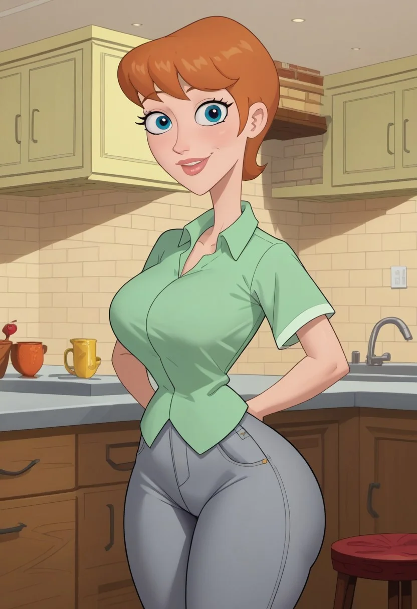 ((bedroom background)),score_9, score_8_up, score_7_up,score_6_up, source_cartoon
1girl, Solo, BrigetteM_MM, light skin, light blue eyes, light orange hair, short hair, small pointed nose, light green short-sleeved shirt, blue-gray pants, light brown shoes, big eyes, big breasts, social smile, narrow waist, huge hips, huge thighs, big ass, big eyes, perfect lips, open eyes, perfect smile, cowboyshot, perfect eyes, perfect face, medium stature, looking at viewer,