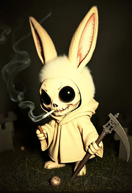 analog raw photo, 1950 technovision syle, vintage mood, inspired by Stik and Chris Ryniak, creepy furry chibi lowbrow smoking cigarette (rising smoke) zombie rabbit halloween with large pointy ears, large googly eyes with glossy black irises surrounded by dark pupils, cute rabbit grim reaper, wearing skull mask masquerade, on graveyard, wearing robe holding a sickle , cinematic movie still