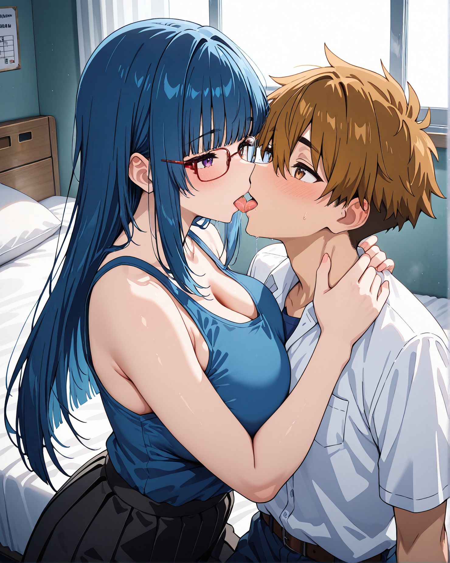 masterpiece,best quality,amazing quality,very aesthetic,absurdres,newest, huge filesize,anime.2D,
<lora:spo_sdxl_10ep_4k-data_lora_webui:0.5>,
1boy, 1girl, hetero, kiss,  french kiss, 
blue female and  brown hair male,
School health room, bed sheet,
BREAK
grace,blunt bangs, lips,mole,bare shoulders, miniskirt,  huge breasts, (blue tank top female),
blue hair, red glasses female,purple eyes, <lora:You_are_Ms._Servant___Grace:0.7>
 long hair, no sleeves,  black skirt,tight skirt,
BREAK
yokoya, 1boy,  brown eyes, brown hair, hair between eyes, short hair, multicolored clothes, shirt, collared shirt, blue shirt, white shirt, short sleeves, smile, 
 <lora:Hitoyoshi_Yokoya_-_Pony:0.8>