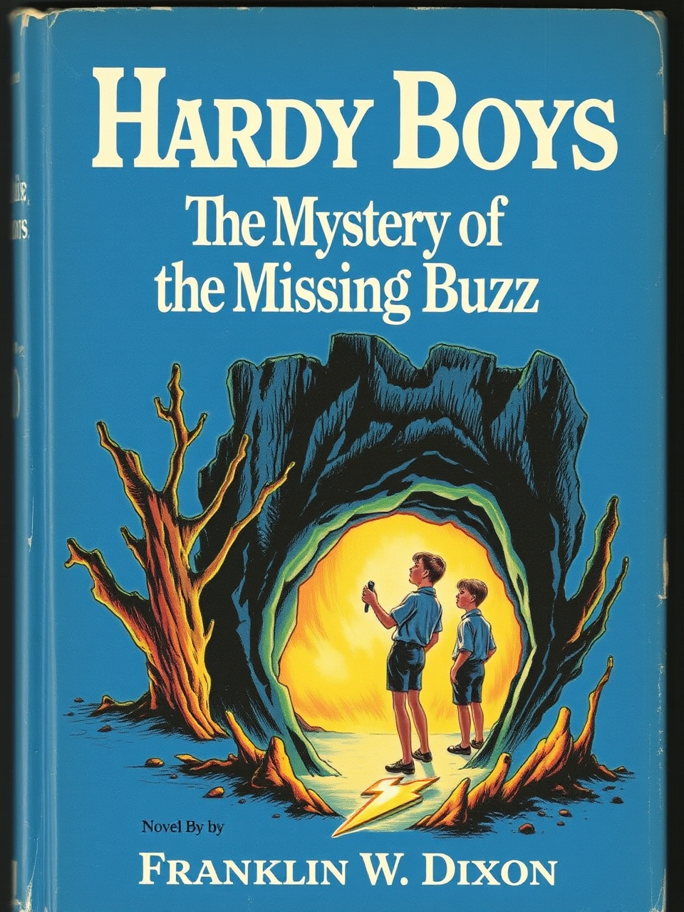 The blue cover of a vintage Hardy Boys novel, the large font title says "The Mystery of the Missing Buzz". above the title in a smaller font it says "The Hardy Boys". in the middle is a high quality illustration of the 2 Hardy Boys at the mouth of a dark cave at the base of a cliff. a faint golden glow comes from inside the cave. a golden object in the shape of a lightning bolt is on the floor of the cave. at the bottom of the cover is, "Franklin W. Dixon"