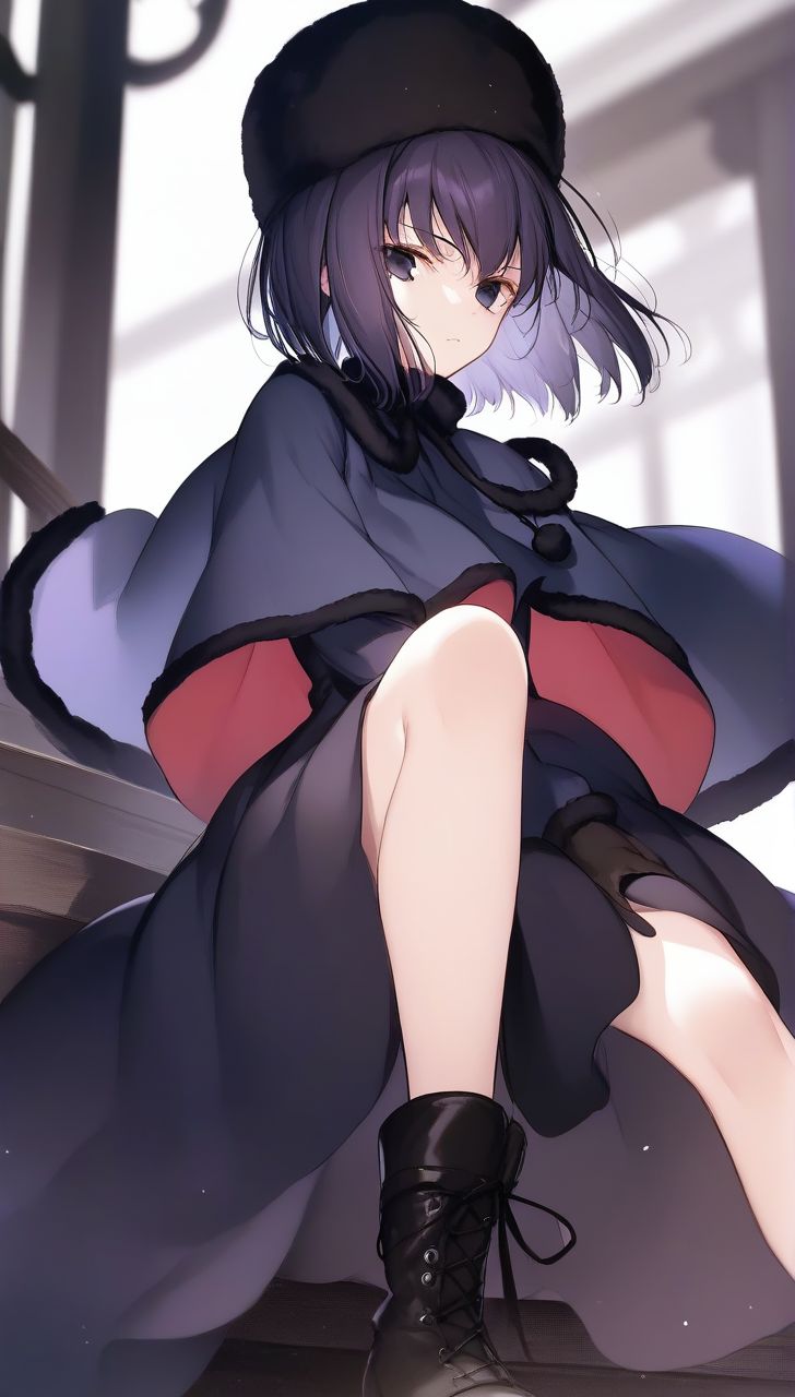 <lora:PONY_character_kuonji_alice-000011:1>,kuonji_alice,hat,dress,capelet,fur_trim,gloves,fur-trimmed_capelet,black_dress,fur_hat,boots,looking_at_viewer,black_capelet,black_gloves,black_headwear,fur-trimmed_headwear,long_sleeves,ushanka,, score_9, score_8_up, score_7_up, score_6_up, score_5_up, score_4_up