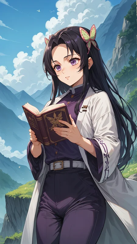 score_9,score_8_up,score_7_up,score_6_up, source_anime, zPDXL3, <lora:xl_more_art-full_v1:0.5>, girl, dynamic pose, reading a book, <lora:Kanae Kocho - Pony-000004:0.8>, long hair, black hair, purple eyes, butterfly hair ornament, hair ornament, parted bangs, long bangs, purple shirt, white coat, butterfly print, purple pants, wide sleeves, white belt, mountainous horizon, outdoors,