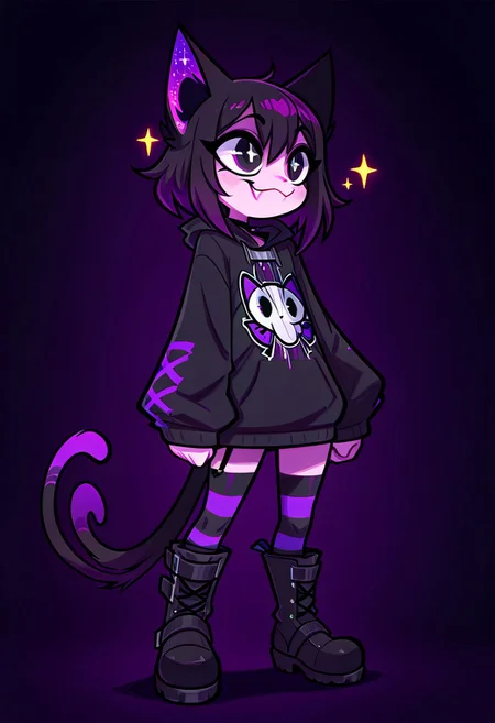 masterpiece, best quality, simple illustration, 1cat, , superdeformer, cute, urban clothing, big boots, goth, full body, solo, dark background, sparkles, vivid colors, vertical pupils, fang, tail ,happy