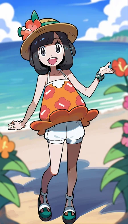 score_9,score_8_up,score_7_up,
<lora:selene:0.9>,pm_selene,
1girl,solo,black hair,bangs,short hair,grey eyes,looking at viewer,open smile,straw hat with flower decoration,orange camisole,floral print,white shorts,sandals,full body,standing,
blurry background,simple background,outdoors,sea,
