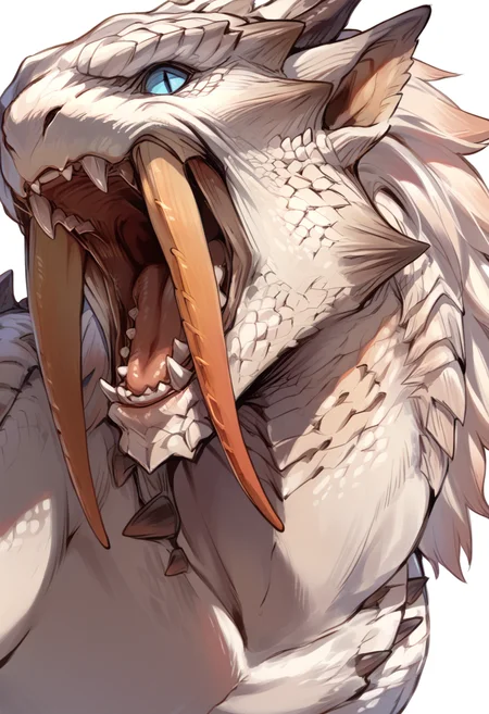 (score_9:0.9),score_8_up,score_7_up,rating_safe,anime style,(zPDXL),<lora:Barioth S Armor ponyXL v2.1:0.86>,no humans,open mouth,simple background,white background,solo,fangs,looking at viewer,scales,monster,barioth,