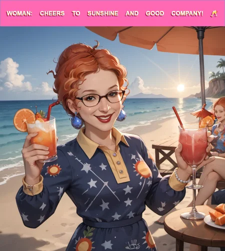 score_9_up, score_9, score_8_up, score_7_up, rating_explicit, , lora:748cmSDXL:1, best quality, masterpiece, perfect composition, official art, 748cmstyle, 1girl, pearl necklace, woven bracelets, holding a margarita in a coupette glass, salted rim, coral pink color drink, orange wedge on rim, looking at viewer, cute smile, dynamic pose, standing, beach scenery, seaside, dusk, bay, rocks, umbrella, beach chairs, beach lights, city lights in the distance, white plastic table, navy sky with soft pink highlights, clouds, volumetric lighting, perfect lighting, correct illumination, dark lighting, warm light, chiaroscuro,, Expressiveh, Ms Frizzle, Red hair, Curly hair, Large glasses, Red lipstick, Patterned dress, Stocky build, Warm skin tone, Mismatched earrings, Elaborate hairstyle, MFrizzle