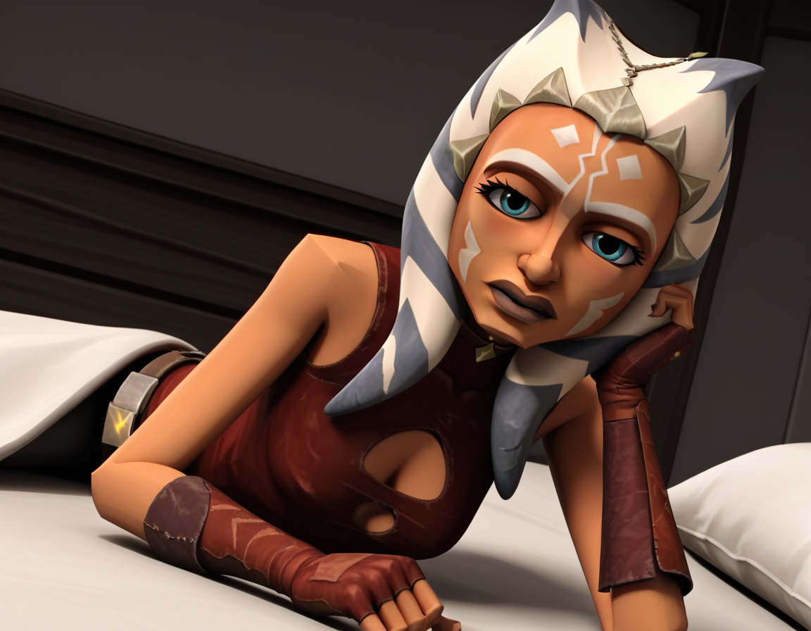 score_9, score_8_up, score_7_up, source_anime, <lora:clonewars-ahsoka-tano-ponyxl-lora-nochekaiser:1>, ahsoka tano, long hair, blue eyes, lips, colored skin, facial mark, tentacle hair, alien, orange skin, 3d, realistic,, gloves, bare shoulders, belt, sword, fingerless gloves, clothing cutout, tattoo, cleavage cutout,, indoors, bed, bed room, on side, blush, drunk, looking at viewer, solo,, cowboy shot, dutch angle