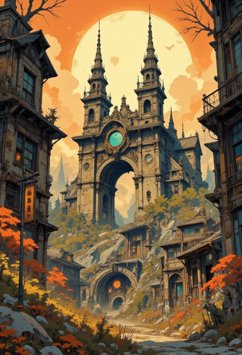 a painting of a castle in the middle of a town, a detailed matte painting by James Gilleard, cgsociety, fantasy art, kilian eng and thomas kinkade, in steampunk cityscape, jordan grimmer and james jean. A fantastical, ancient Japanese cityscape with ornate, aged architecture. The central focus is a grand, weathered gate made of stone and wood, adorned with intricate carvings and a large circular window. The gate is flanked by two tall, spired towers on either side, each topped with elaborate finials. In the background, a large, glowing yellow sun is partially obscured by a thick, swirling cloud, casting a warm, golden light across the scene. The buildings surrounding the gate are multi-tiered, with sloping, tiled roofs and windows with wooden shutters. To the left, a wooden sign with Japanese characters hangs from a pole, adding to the historical ambiance. The foreground features a winding, stone-paved pathway leading towards the gate, flanked by lush, green foliage and vibrant red-orange autumn leaves. Small, rocky outcrops dot the pathway, and a few wooden lanterns add to the mystical atmosphere. (orange sky). The scene is rich in detail. In the style of ff-td, vintage art, Fancha style. yellow sphere on the background