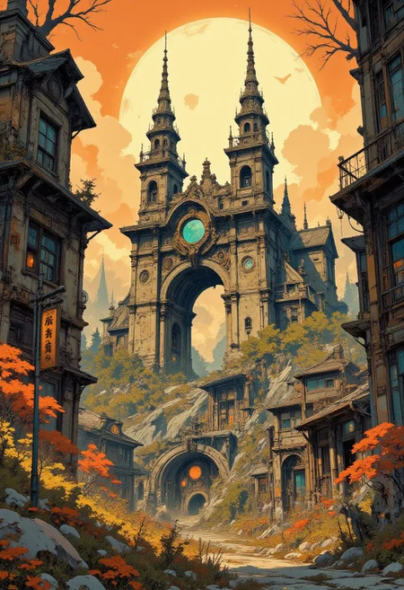 a painting of a castle in the middle of a town, a detailed matte painting by James Gilleard, cgsociety, fantasy art, kilian eng and thomas kinkade, in steampunk cityscape, jordan grimmer and james jean. A fantastical, ancient Japanese cityscape with ornate, aged architecture. The central focus is a grand, weathered gate made of stone and wood, adorned with intricate carvings and a large circular window. The gate is flanked by two tall, spired towers on either side, each topped with elaborate finials. In the background, a large, glowing yellow sun is partially obscured by a thick, swirling cloud, casting a warm, golden light across the scene. The buildings surrounding the gate are multi-tiered, with sloping, tiled roofs and windows with wooden shutters. To the left, a wooden sign with Japanese characters hangs from a pole, adding to the historical ambiance. The foreground features a winding, stone-paved pathway leading towards the gate, flanked by lush, green foliage and vibrant red-orange autumn leaves. Small, rocky outcrops dot the pathway, and a few wooden lanterns add to the mystical atmosphere. (orange sky). The scene is rich in detail. In the style of ff-td, vintage art, Fancha style. yellow sphere on the background