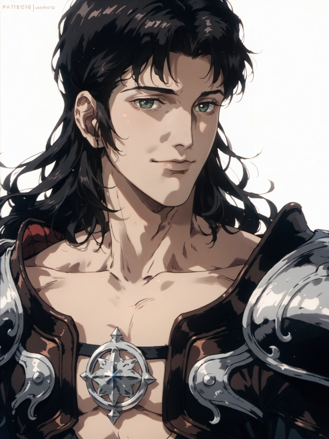 1boy armor black_hair chest_strap closed_mouth collarbone green_eyes grey_hair lips long_hair male_focus parted_bangs shoulder_armor smile solo twitter_username white_background, <lora:ScrollD:0.8>, score_9, score_8_up, score_7_up, zPDXL3