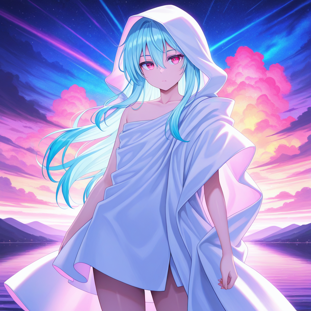 colorful, vibrant, very aesthetic, masterpiece, best quality, detailed background, absurdres,  <lora:raphael-v1-000007:1> ts-raphael, 1boy, androgynous, white hooded_robe, single bare shoulders, cowboy shot